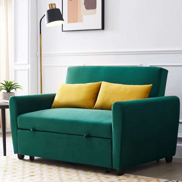 Mercer41 Convertible Sleeper Loveseat Sofa Green With 2 Toss Throw